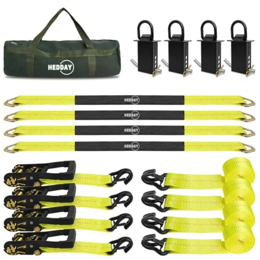Car transport tie down straps for trailers with stake pocket D-rings: 2 x 8' ratchet straps with J-hooks 4-pack; 36 axle straps
Car transport tie down straps for trailers with stake pocket D-rings: 2 x 8' ratchet straps with J-hooks 4-pack; 36 axle straps