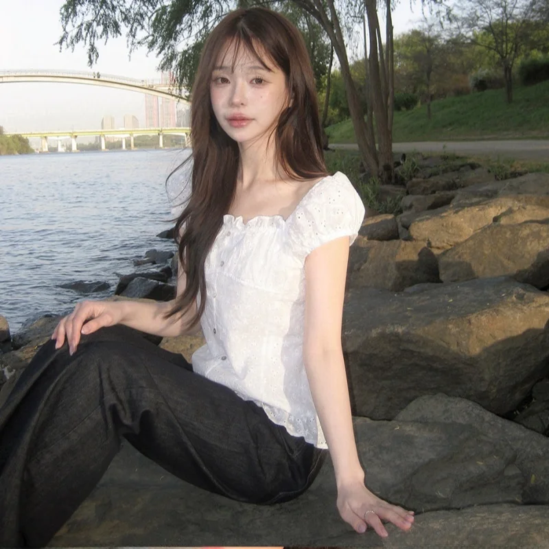 Chic Korean Style Short Sleeve Embroidered Hollow out Slimming Shirt Spring Summer Waist Cinched Lace Trim Top Women
Chic Korean Style Short Sleeve Embroidered Hollow out Slimming Shirt Spring Summer Waist Cinched Lace Trim Top Women