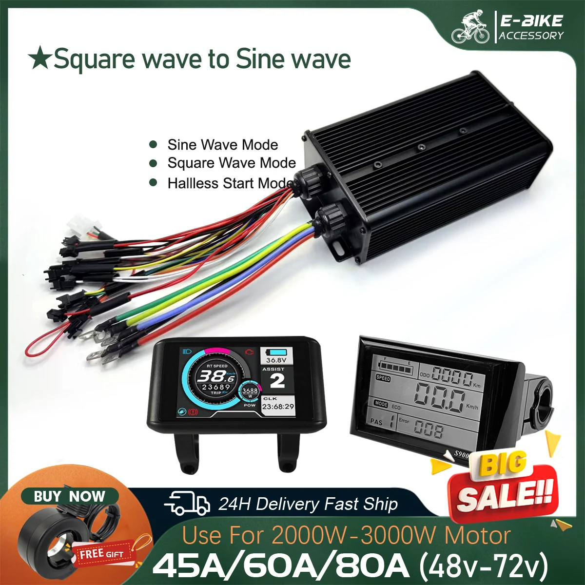 Трехрежимный контроллер Ebike 45A 60A 80A Контроллер прямоугольной волны и синусоидальной волны, совместимый с двигателем-концентратором 2000 Вт/3000 Вт с дисплеем UKC1
Трехрежимный контроллер Ebike 45A 60A 80A Контроллер прямоугольной волны и синусоидальной волны, совместимый с двигателем-концентратором 2000 Вт/3000 Вт с дисплеем UKC1