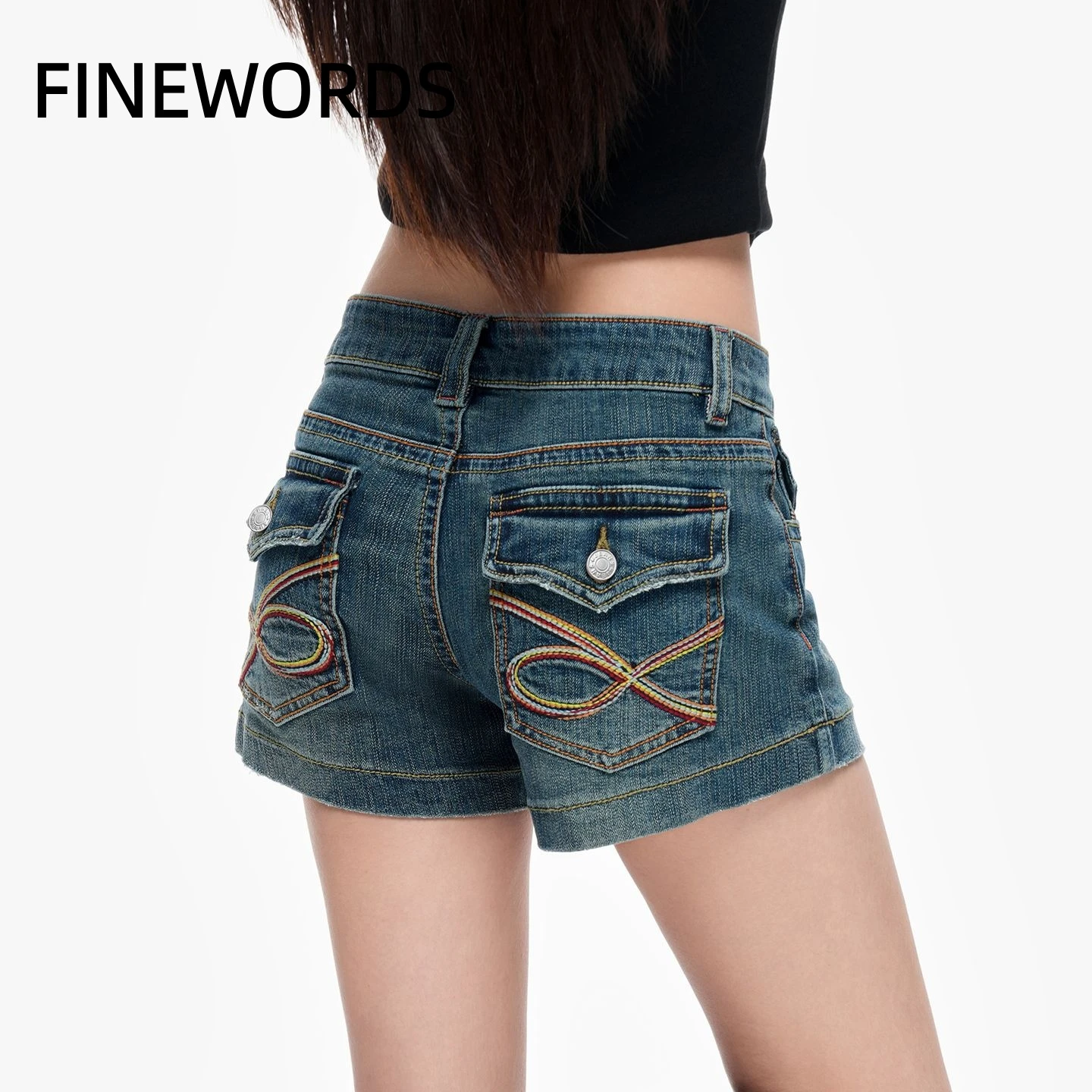 FINEWORDS Summer Women's Vintage Y2K Low Rise Denim Shorts Washed Blue Colorful Embroidery Back Pocket Slim Fit Short Jeans
FINEWORDS Summer Women's Vintage Y2K Low Rise Denim Shorts Washed Blue Colorful Embroidery Back Pocket Slim Fit Short Jeans