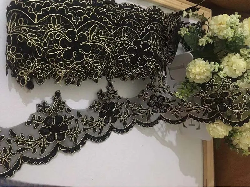 60yds Embroidery Black Mesh Gold Thread Lace Trim Luxury Lace Fabric for Wedding Dresses Sewing DIY 11cm Wdith High Quality
60yds Embroidery Black Mesh Gold Thread Lace Trim Luxury Lace Fabric for Wedding Dresses Sewing DIY 11cm Wdith High Quality
