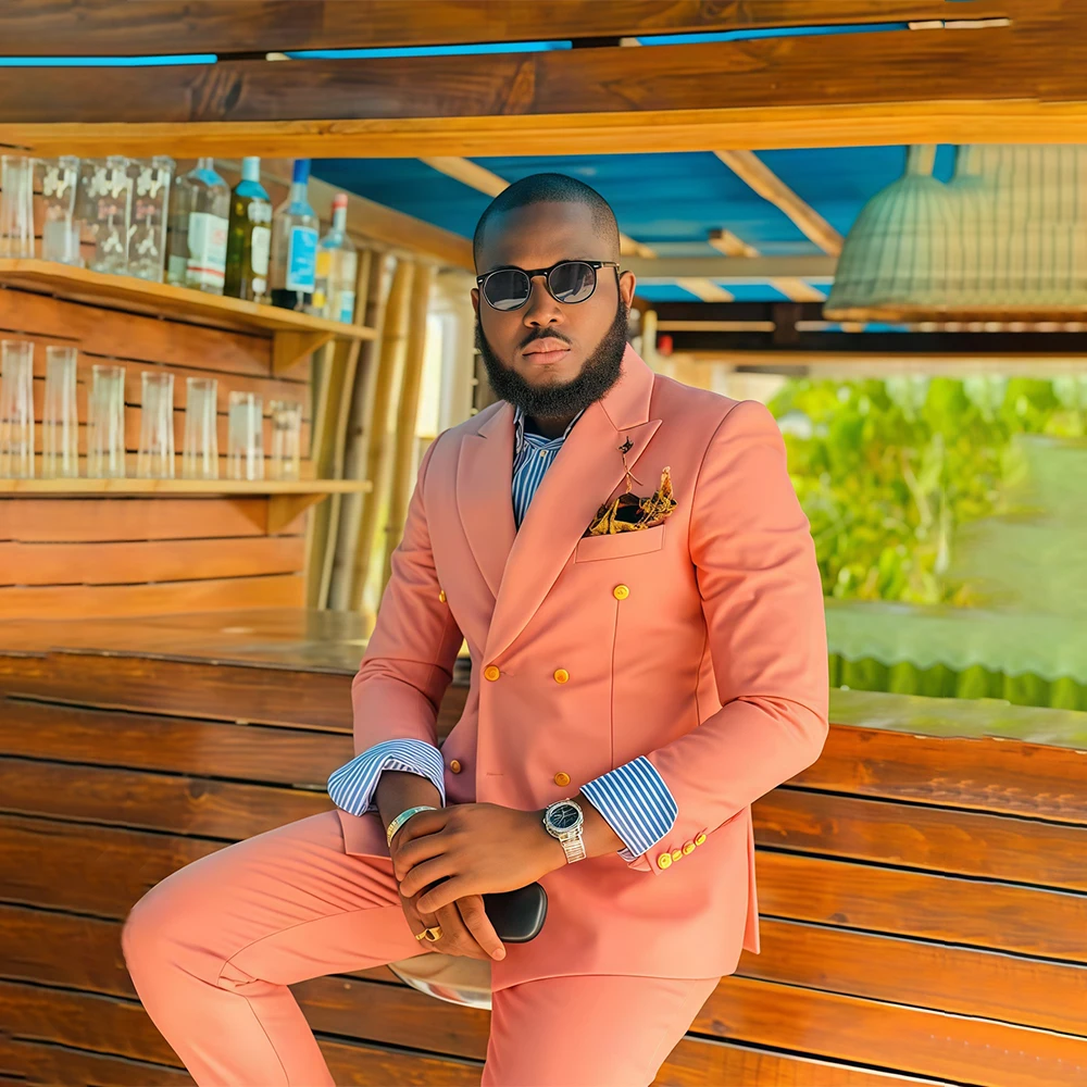 Coral Peach African Men's Wedding Party Attire tuxedo Satin Peaked Lapel Sinlge Button 2 Piece Business Formal Wear Custom Size 
Coral Peach African Men's Wedding Party Attire tuxedo Satin Peaked Lapel Sinlge Button 2 Piece Business Formal Wear Custom Size