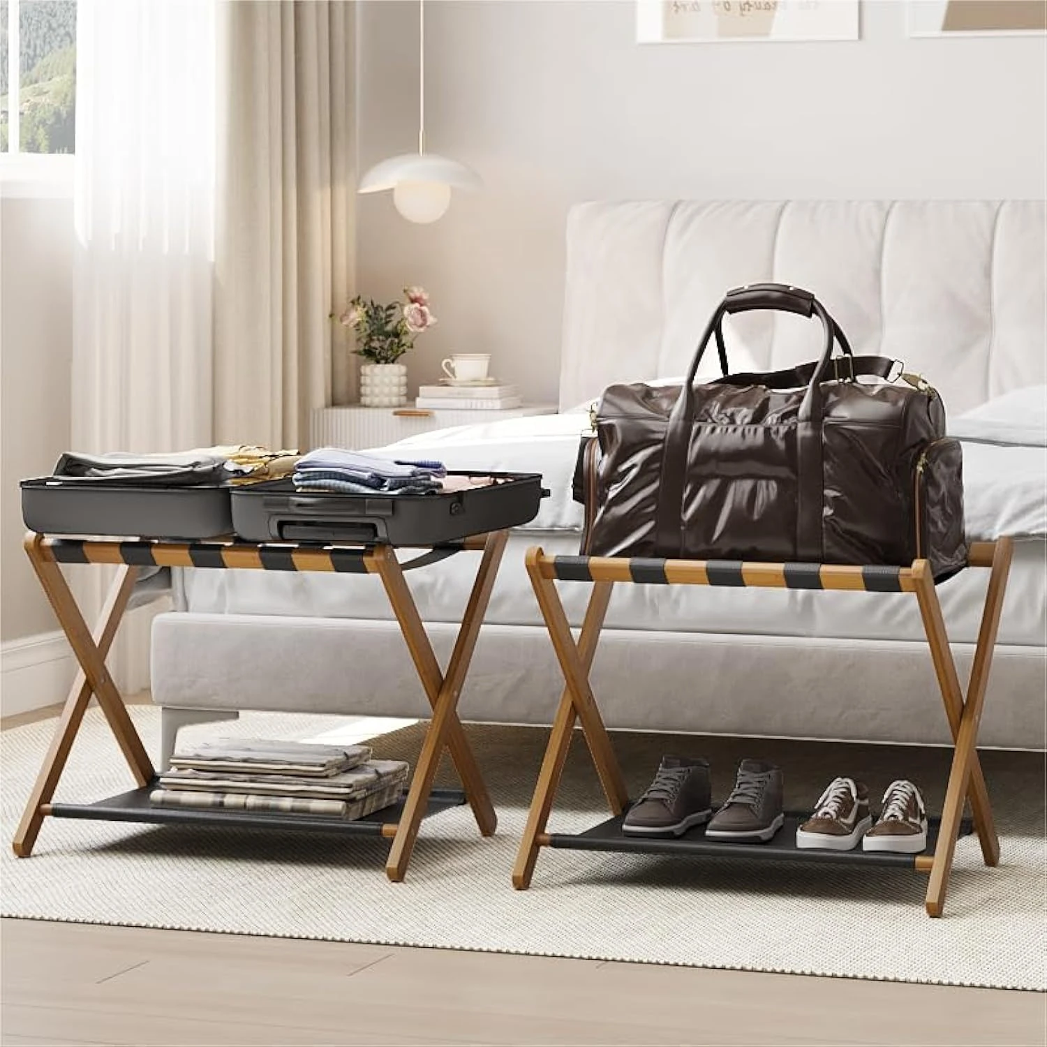 2 Pack Walnut Luggage Stand, Sturdy Folding Suitcase Rack with Shelf for Bedroom & Guest Room
2 Pack Walnut Luggage Stand, Sturdy Folding Suitcase Rack with Shelf for Bedroom & Guest Room