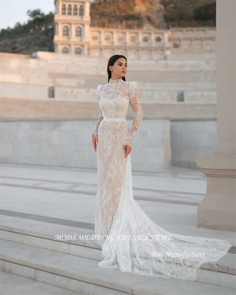 MODX Modest Full Lace A-Line Wedding Dresses Sheer Long Sleeves High Neck Sweep Train Bridal Gowns Dubai Arabic Women Vestidos
MODX Modest Full Lace A-Line Wedding Dresses Sheer Long Sleeves High Neck Sweep Train Bridal Gowns Dubai Arabic Women Vestidos
