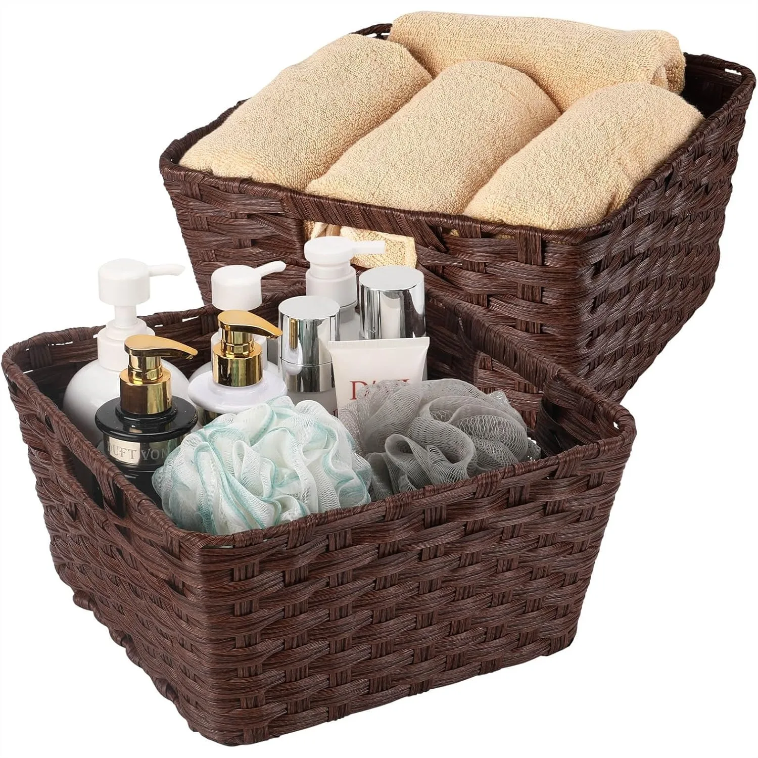 Woven Storage Baskets for Shelves, 12x12x6 Inch Brown 2-Pack, Stackable Plastic Wicker Bins with Handles
Woven Storage Baskets for Shelves, 12x12x6 Inch Brown 2-Pack, Stackable Plastic Wicker Bins with Handles