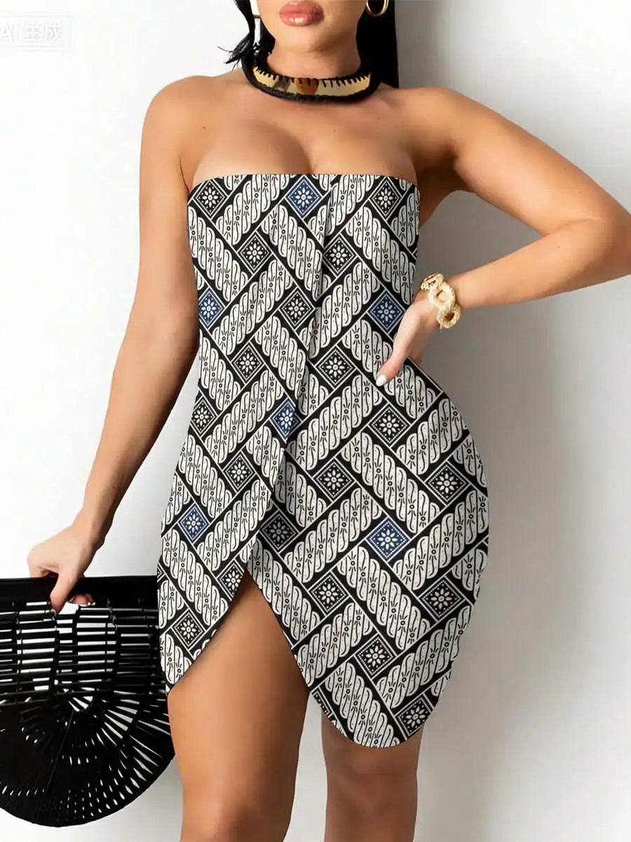 Geometric Pattern Strapless Mini Dress With High Slit Abstract Diamond Print Casual Summer Wear
Geometric Pattern Strapless Mini Dress With High Slit Abstract Diamond Print Casual Summer Wear