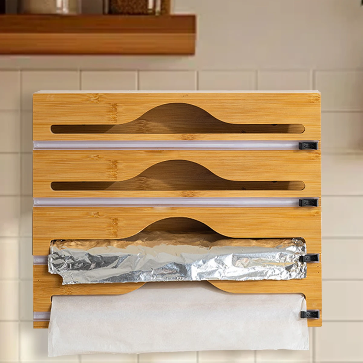 1pc Kitchen Wrap Dispenser With Foil & Cling Film Cutter Box, Bamboo Fresh Bag Cutting Holder, Trash Bag & Plastic Bag Wooden St
1pc Kitchen Wrap Dispenser With Foil & Cling Film Cutter Box, Bamboo Fresh Bag Cutting Holder, Trash Bag & Plastic Bag Wooden St