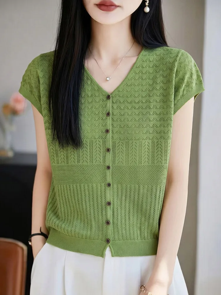 Fashionable V-Neck Short Sleeve Knitted Open Cardigan Women's Bamboo Rayon Hollow Button up Top Ladylike Green T-Shirt
Fashionable V-Neck Short Sleeve Knitted Open Cardigan Women's Bamboo Rayon Hollow Button up Top Ladylike Green T-Shirt