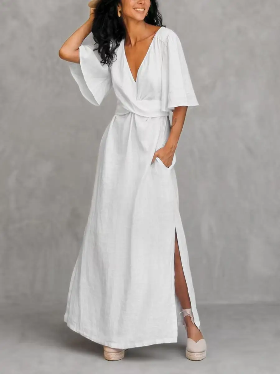 Freeacy 2026 Summer Women Deep V Neck Twist Waist Maxi Dress Ruffled Short Sleeve Side Slit Linen Blend Vacation Dresses
Freeacy 2026 Summer Women Deep V Neck Twist Waist Maxi Dress Ruffled Short Sleeve Side Slit Linen Blend Vacation Dresses
