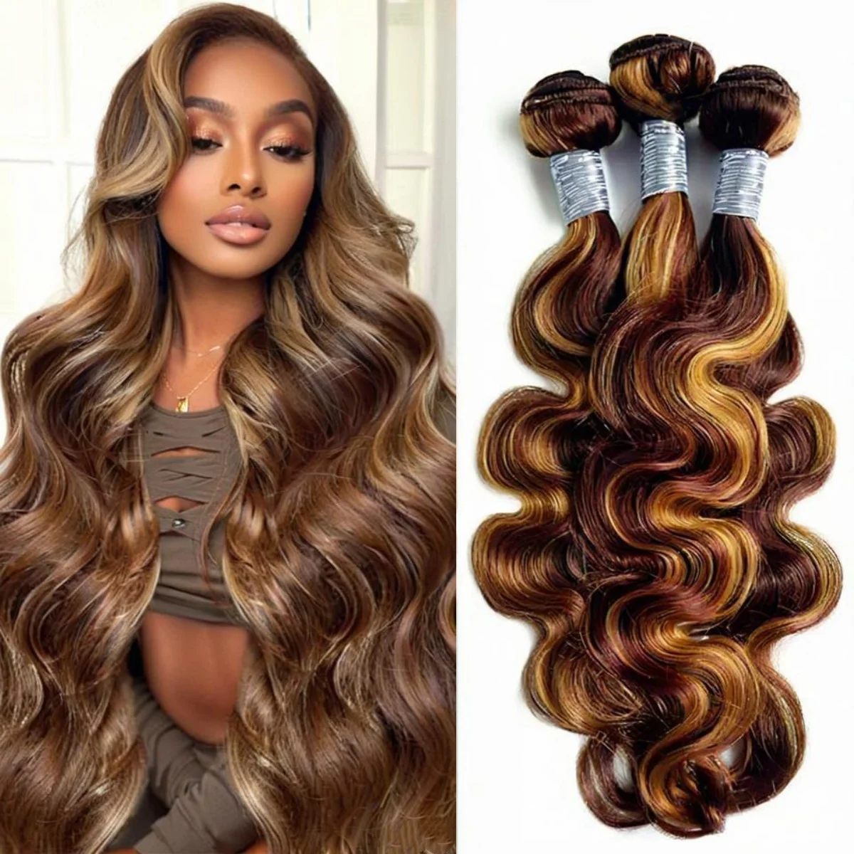 P4/27 Honey Brown Highlight Body Wave Bundles Human Hair 100% Human Hair Bundle Blonde Raw Hair Extensions Weaving 95 Grams
P4/27 Honey Brown Highlight Body Wave Bundles Human Hair 100% Human Hair Bundle Blonde Raw Hair Extensions Weaving 95 Grams
