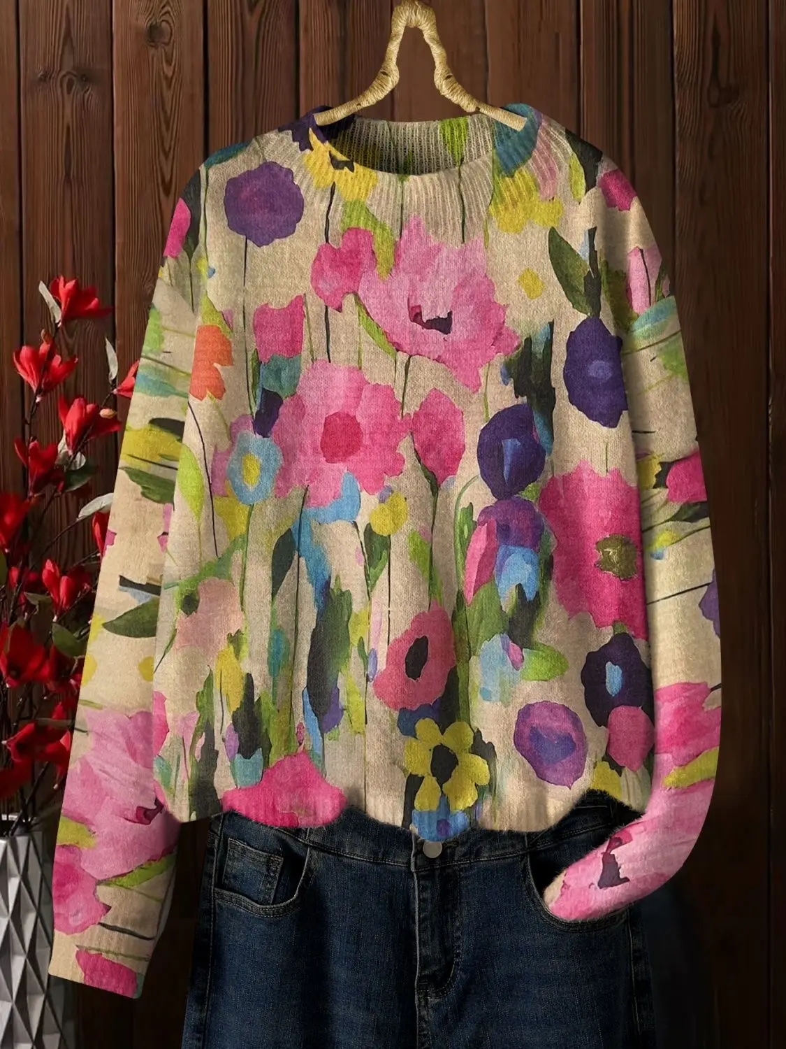 Французский женский темпераментный эстетический свитер с цветочным принтом в стиле бохо, вязаный пуловер в стиле ретро, свободные осенне-зимние топы с круглым вырезом и длинными рукавами 
Французский женский темпераментный эстетический свитер с цветочным принтом в стиле бохо, вязаный пуловер в стиле ретро, свободные осенне-зимние топы с круглым вырезом и длинными рукавами