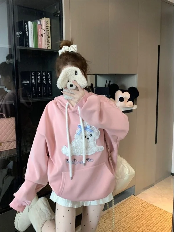 Korean Style Fleece Lined Loose Fit Hoodie Women's Autumn Winter Thickened Hooded Sweatshirt Cartoon Dog Design Casual Top
Korean Style Fleece Lined Loose Fit Hoodie Women's Autumn Winter Thickened Hooded Sweatshirt Cartoon Dog Design Casual Top