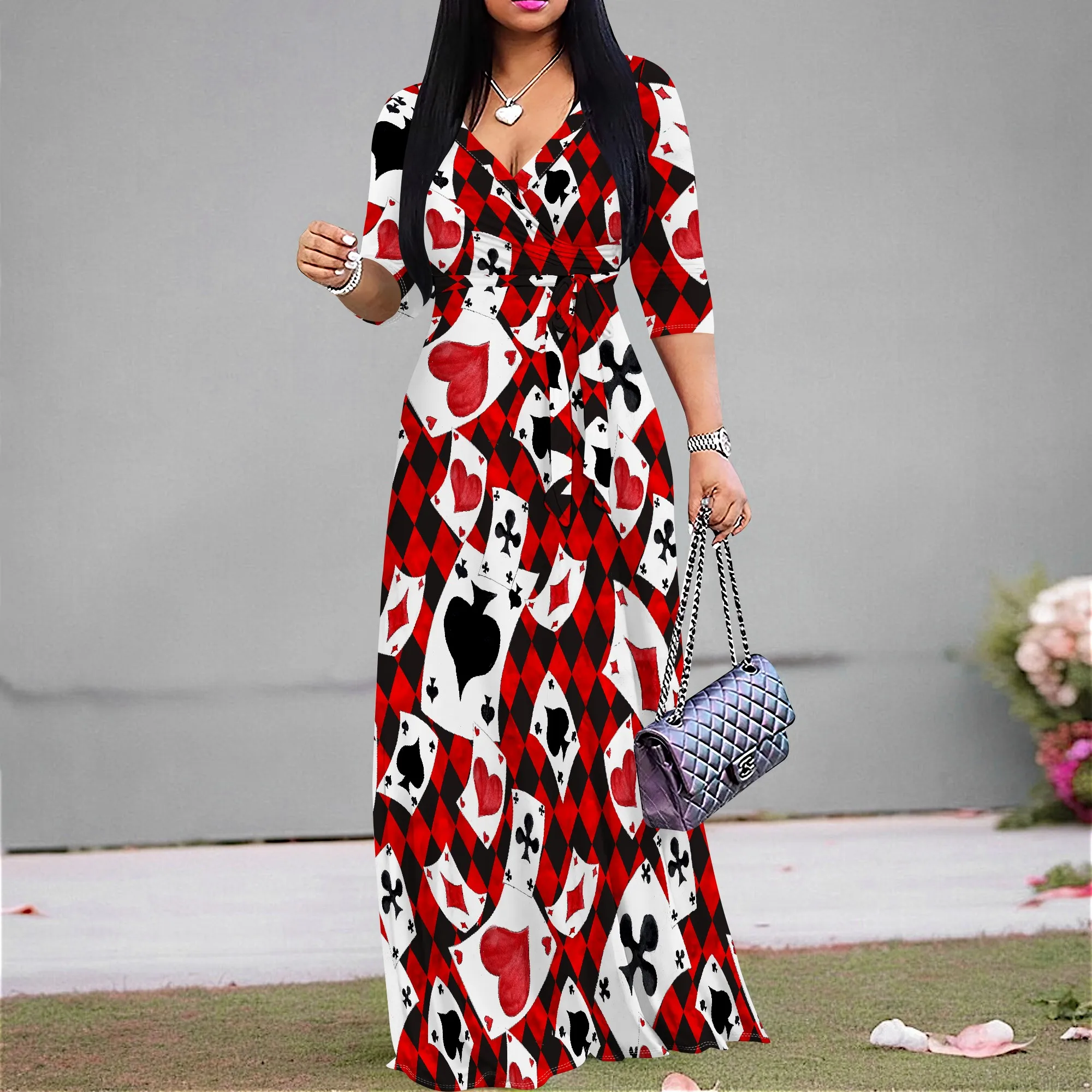 Women's Poker Print Long Dress S-3XL V-Neck Belted Wrap Style 2025 Funny Cosplay Outfit for Game Night Party
Women's Poker Print Long Dress S-3XL V-Neck Belted Wrap Style 2025 Funny Cosplay Outfit for Game Night Party