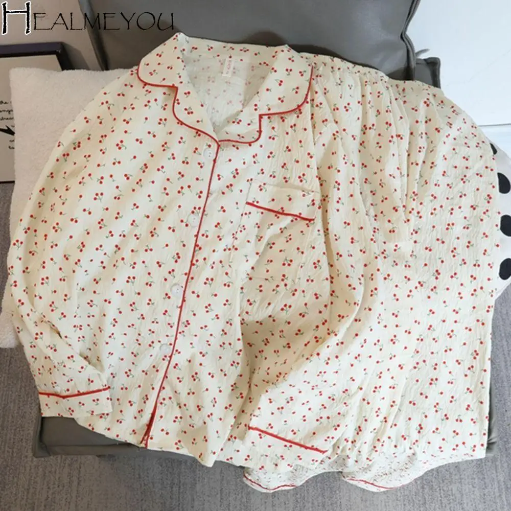 Comfortable Ruffle Cherry Pajamas Women Loose Lapel Sweet Pajamas Suit Nightdress Two Piece Nightwear Summer Autumn
Comfortable Ruffle Cherry Pajamas Women Loose Lapel Sweet Pajamas Suit Nightdress Two Piece Nightwear Summer Autumn