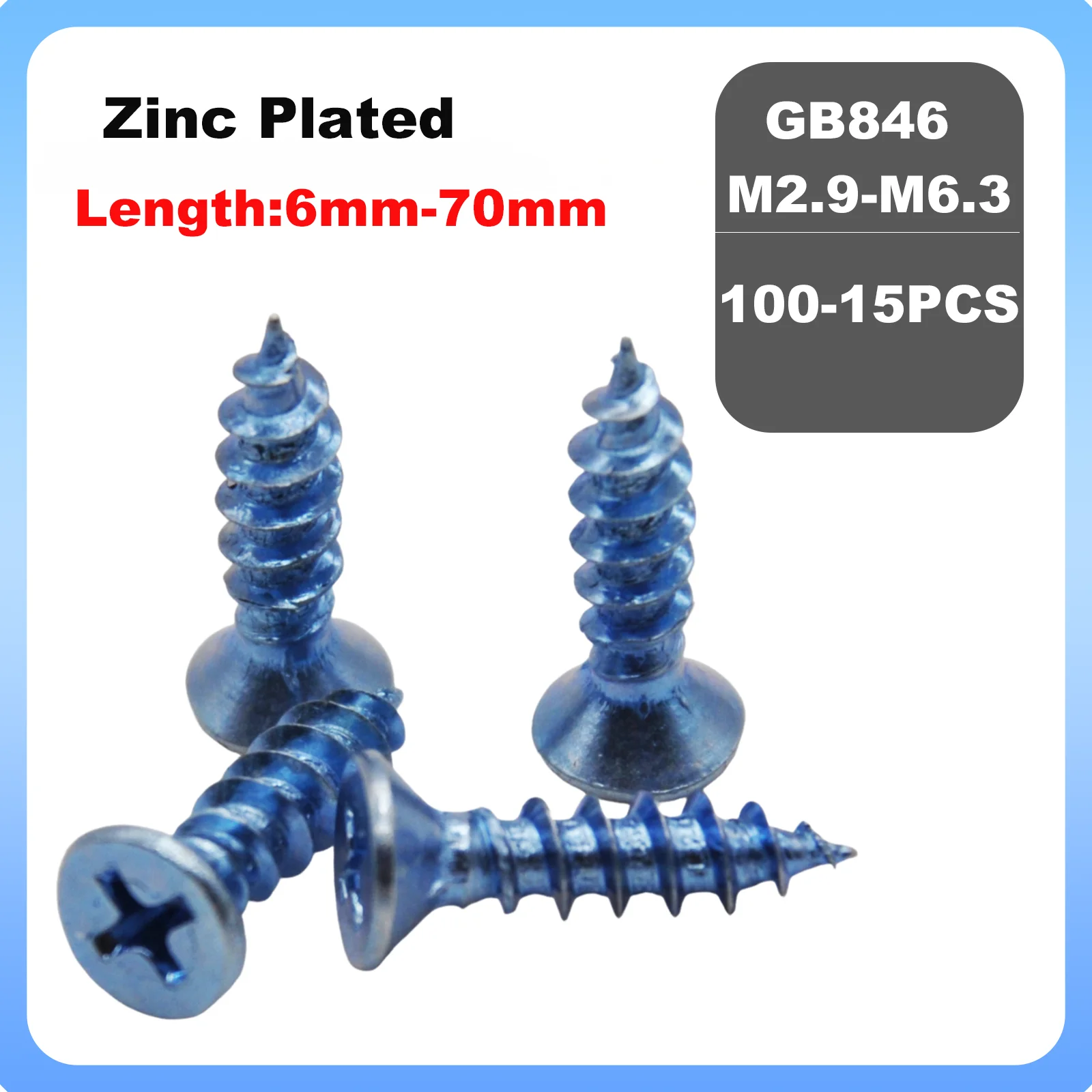 Zinc Plated GB846 M2.9 M3 M3.5 M3.9 M4 M4.2 M4.8 M5 M5.5 M6 M6.3 Cross Phillips Flat Countersunk Head Self-tapping Wood Screw
Zinc Plated GB846 M2.9 M3 M3.5 M3.9 M4 M4.2 M4.8 M5 M5.5 M6 M6.3 Cross Phillips Flat Countersunk Head Self-tapping Wood Screw