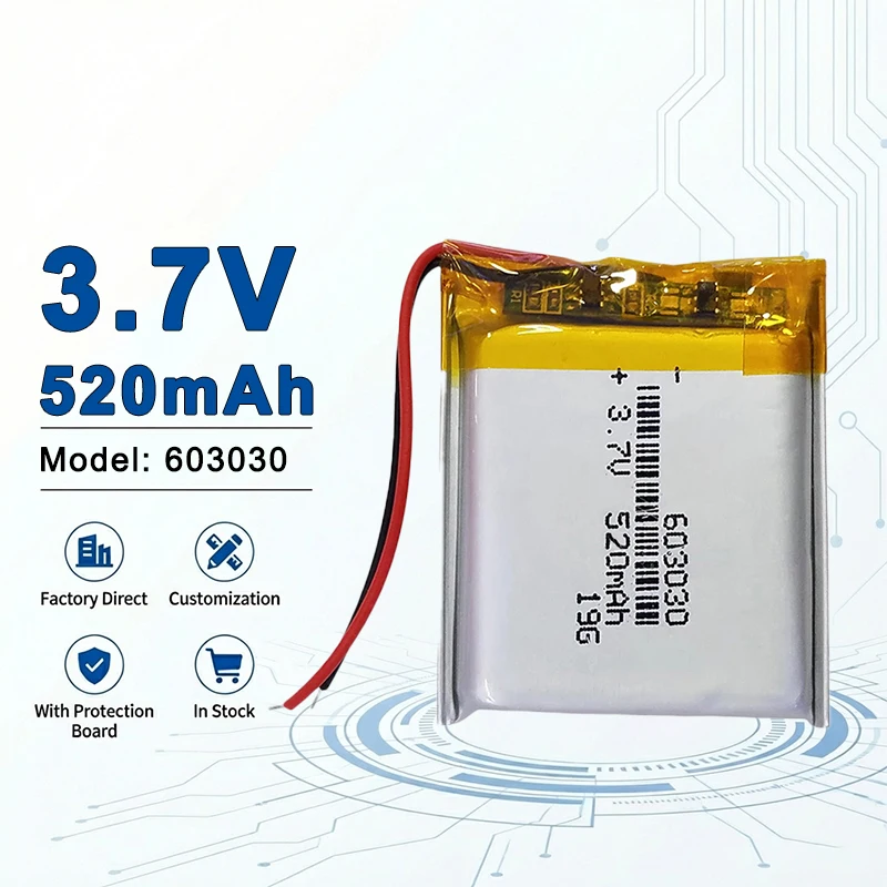 603030 3.7V 520mAh Liquid Battery Rechargeable 500 Cycles for Smart Watch Bluetooth Headset GPS Tracker 603040 603450
603030 3.7V 520mAh Liquid Battery Rechargeable 500 Cycles for Smart Watch Bluetooth Headset GPS Tracker 603040 603450