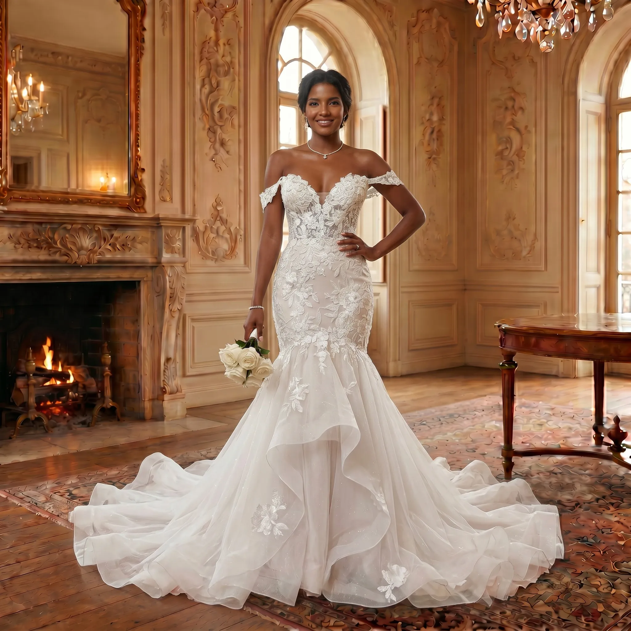 Off-the-Shoulder Sweetheart Mermaid Wedding Dress Lace Appliques Corset Back Tiered Tulle Chapel Train Bridal Gown
Off-the-Shoulder Sweetheart Mermaid Wedding Dress Lace Appliques Corset Back Tiered Tulle Chapel Train Bridal Gown