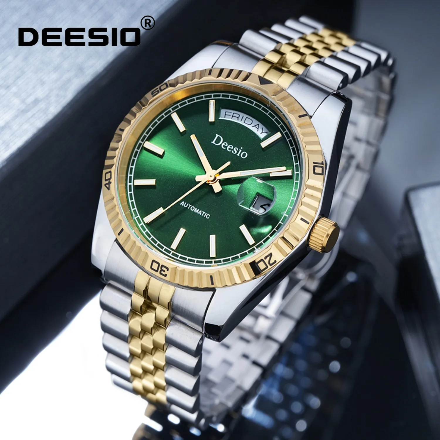 Мужские автоматические механические часы Deesio из нержавеющей стали с указателем даты и дня недели, водонепроницаемый светящийся циферблат, европейский стиль для мужчин
Мужские автоматические механические часы Deesio из нержавеющей стали с указателем даты и дня недели, водонепроницаемый светящийся циферблат, европейский стиль для мужчин