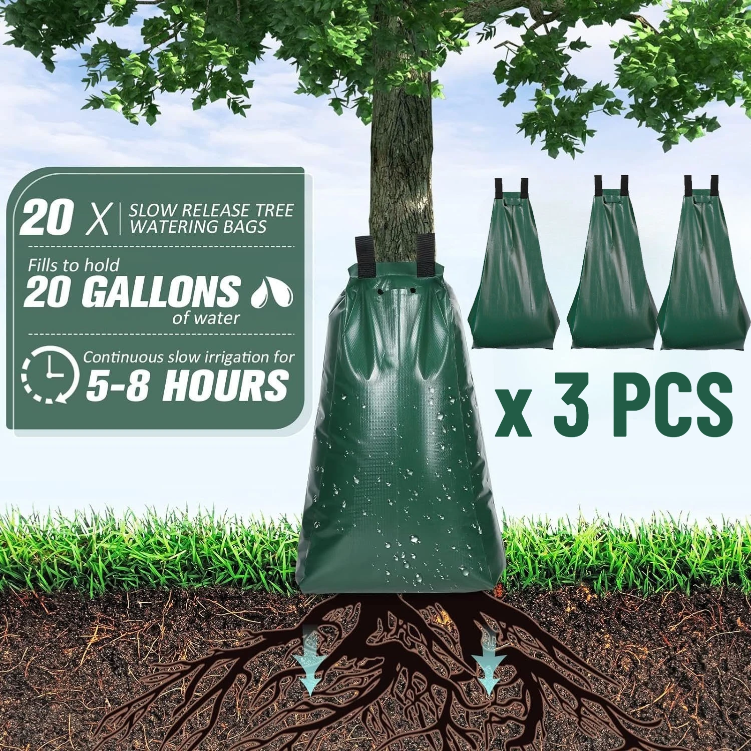 3 Pcs 20 Gallon Tree Watering Bags Reusable Heavy Duty Slow Release Water Bags for Trees Premium PVC Tree Drip Irrigation Bags
3 Pcs 20 Gallon Tree Watering Bags Reusable Heavy Duty Slow Release Water Bags for Trees Premium PVC Tree Drip Irrigation Bags