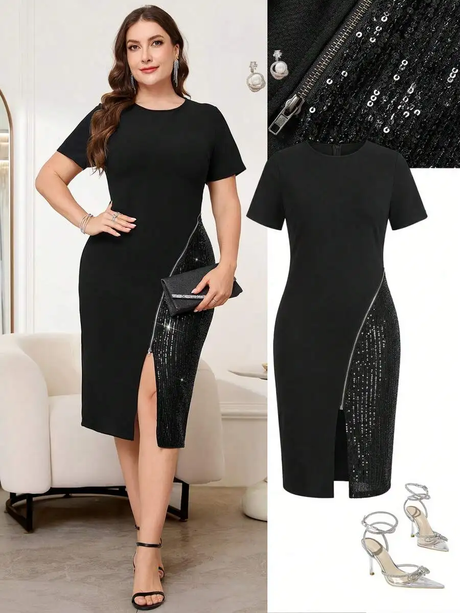 Black Bodycon Dress With Sequin Patchwork And Slit Short Sleeve Knee Length Elegant Party Dress
Black Bodycon Dress With Sequin Patchwork And Slit Short Sleeve Knee Length Elegant Party Dress