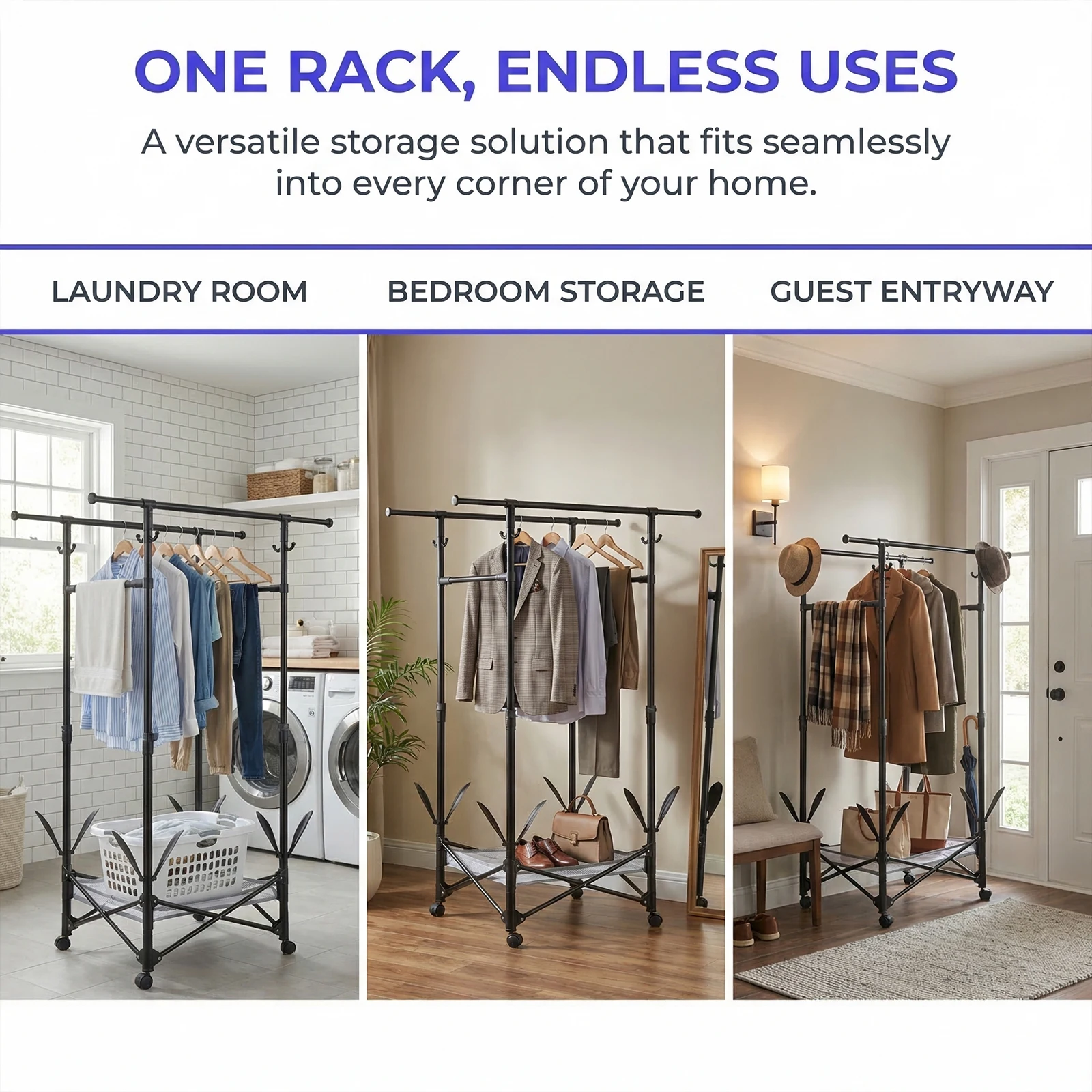Foldable Extendable Clothes Drying Rack with 360 Degree Swivel Wheels Double Hanging Rods Shoe Shelf 130LB for Bedroom Laundry
Foldable Extendable Clothes Drying Rack with 360 Degree Swivel Wheels Double Hanging Rods Shoe Shelf 130LB for Bedroom Laundry