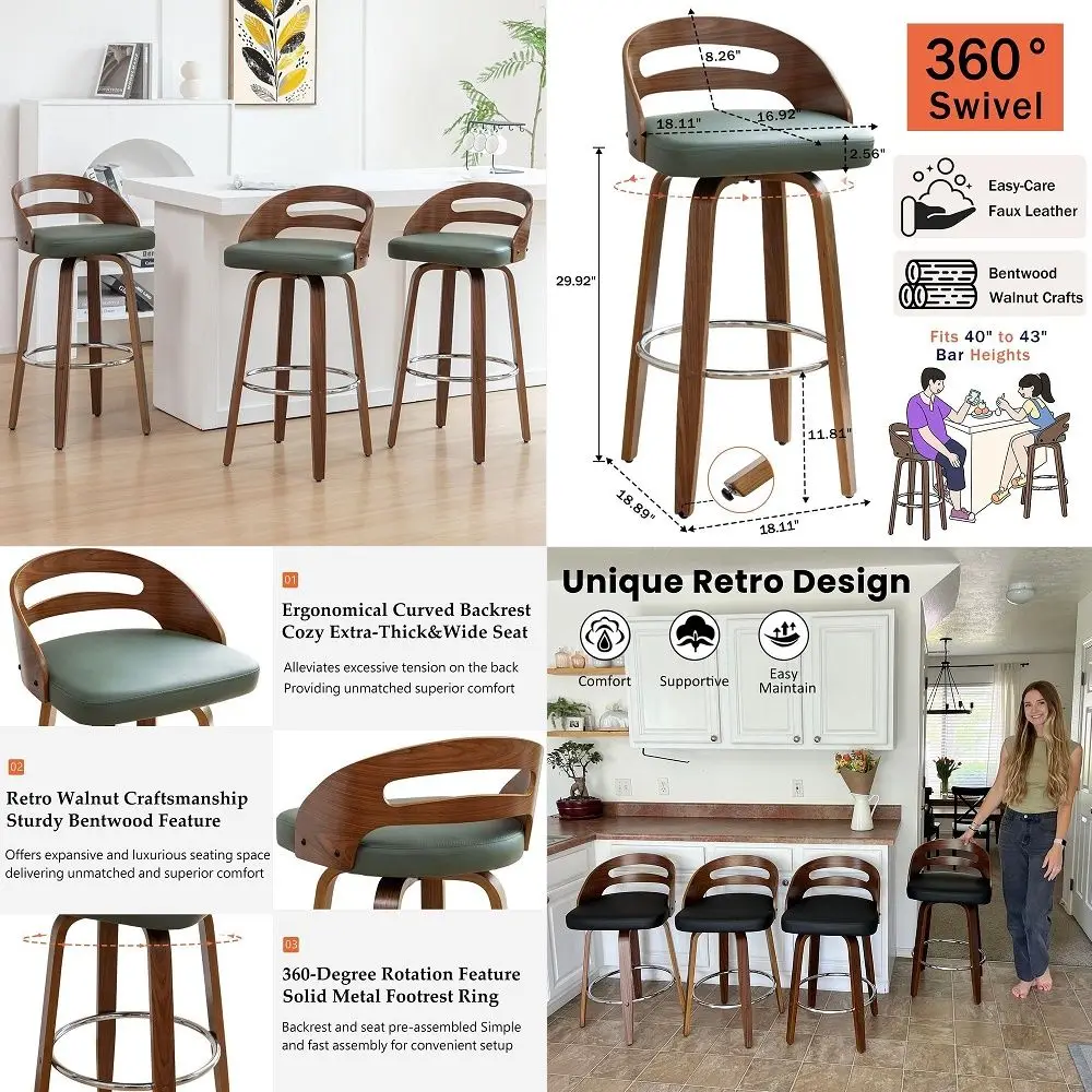 Stools Set of 3, Swivel Bar Stools with Walnut Craftsmanship, Bentwood Curved Back, Upholstered Faux Leather, Soft Cushion Seat
Stools Set of 3, Swivel Bar Stools with Walnut Craftsmanship, Bentwood Curved Back, Upholstered Faux Leather, Soft Cushion Seat