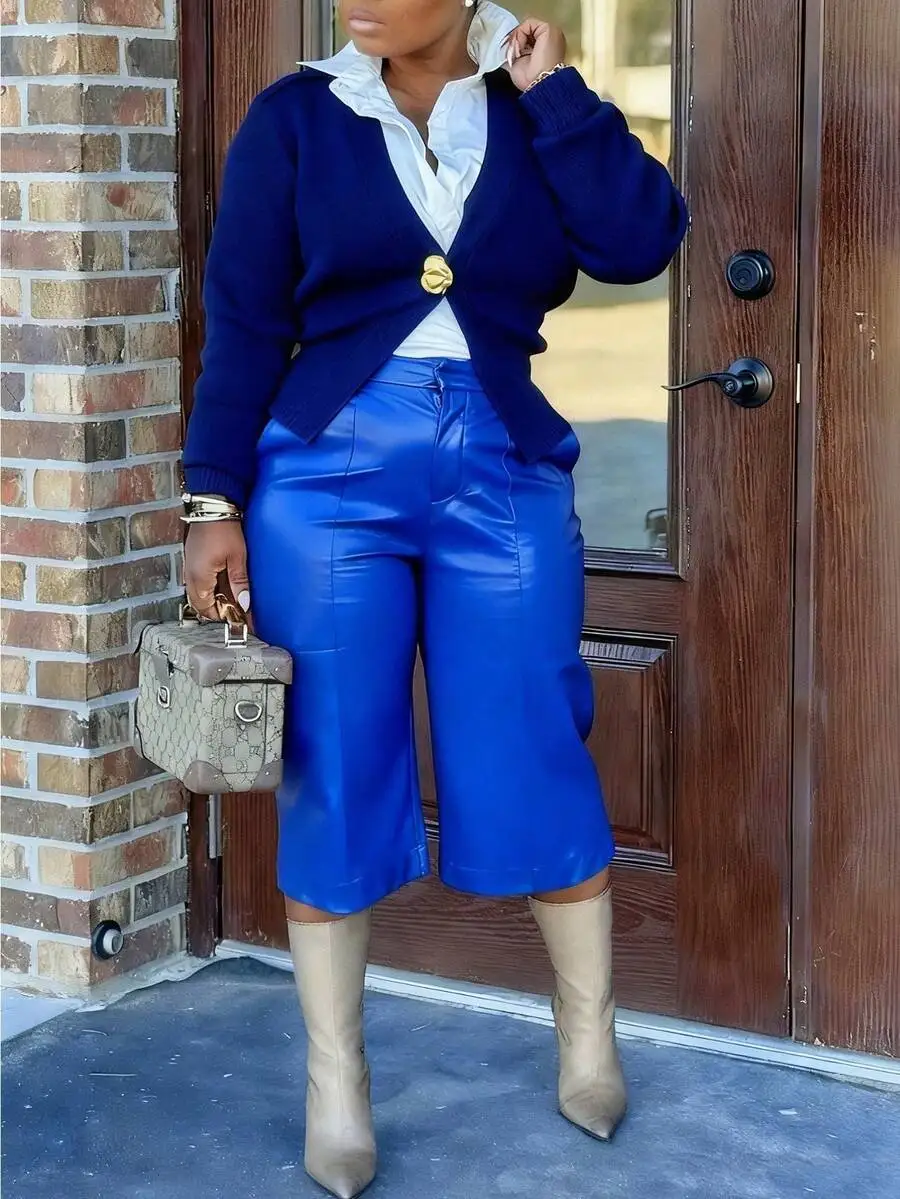 Womens Blue Vegan Leather Cropped Wide Leg Pants High Waist Relaxed Fit Casual Chic
Womens Blue Vegan Leather Cropped Wide Leg Pants High Waist Relaxed Fit Casual Chic
