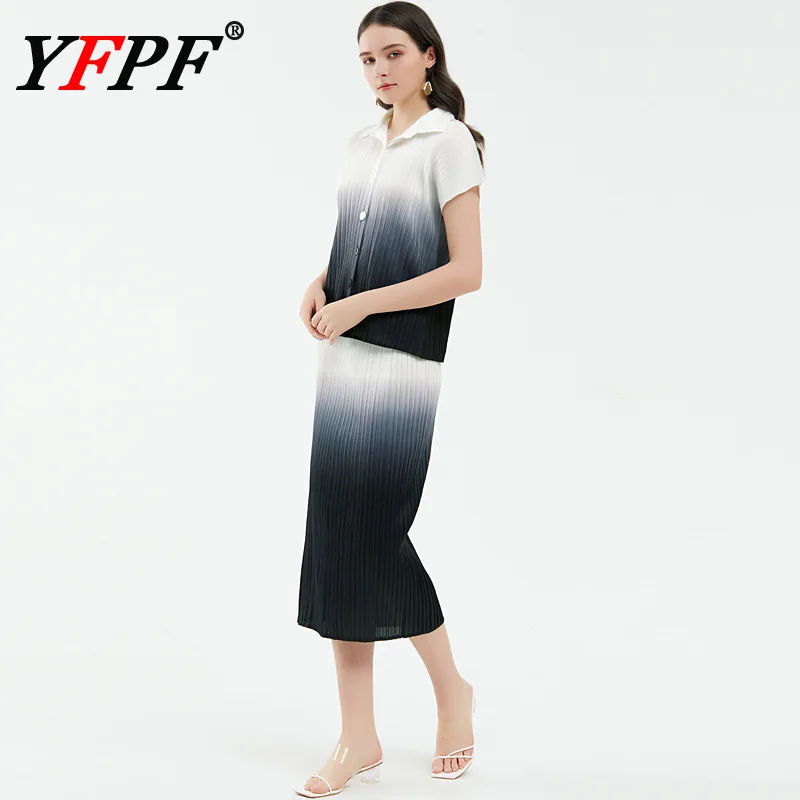 YFPF Miyake Pleated Women Two Piece Set Lapel Gradient Short Sleeve Shirt + High Waist Long Skirt Vintage 2025 New Clothing
YFPF Miyake Pleated Women Two Piece Set Lapel Gradient Short Sleeve Shirt + High Waist Long Skirt Vintage 2025 New Clothing