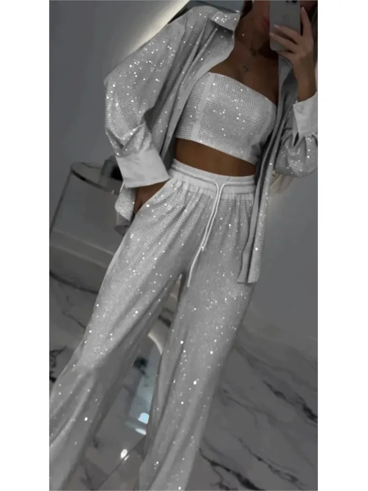 2025 Spring New Fashion Sequin Women 3 Piece Sets Elegant Club Party Multi-color Outfit Casual Lapel Shirt Wide Leg Pant Set
2025 Spring New Fashion Sequin Women 3 Piece Sets Elegant Club Party Multi-color Outfit Casual Lapel Shirt Wide Leg Pant Set