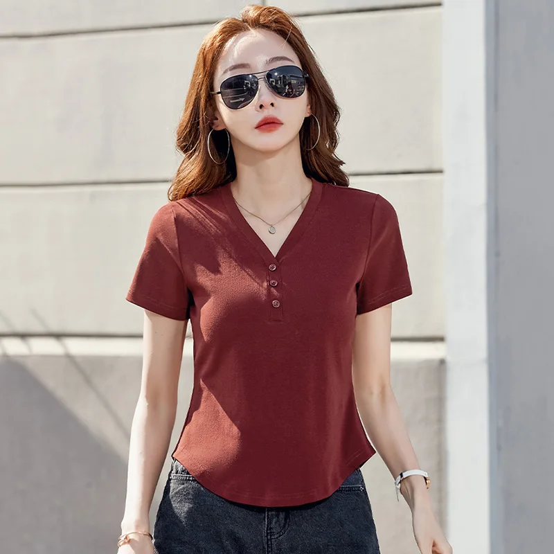 New Women Casual T-shirt Summer Fashion Button V-Neck Short Sleeve Slim Waist T-shirt Simplicity Solid Color Short T-shirt
New Women Casual T-shirt Summer Fashion Button V-Neck Short Sleeve Slim Waist T-shirt Simplicity Solid Color Short T-shirt