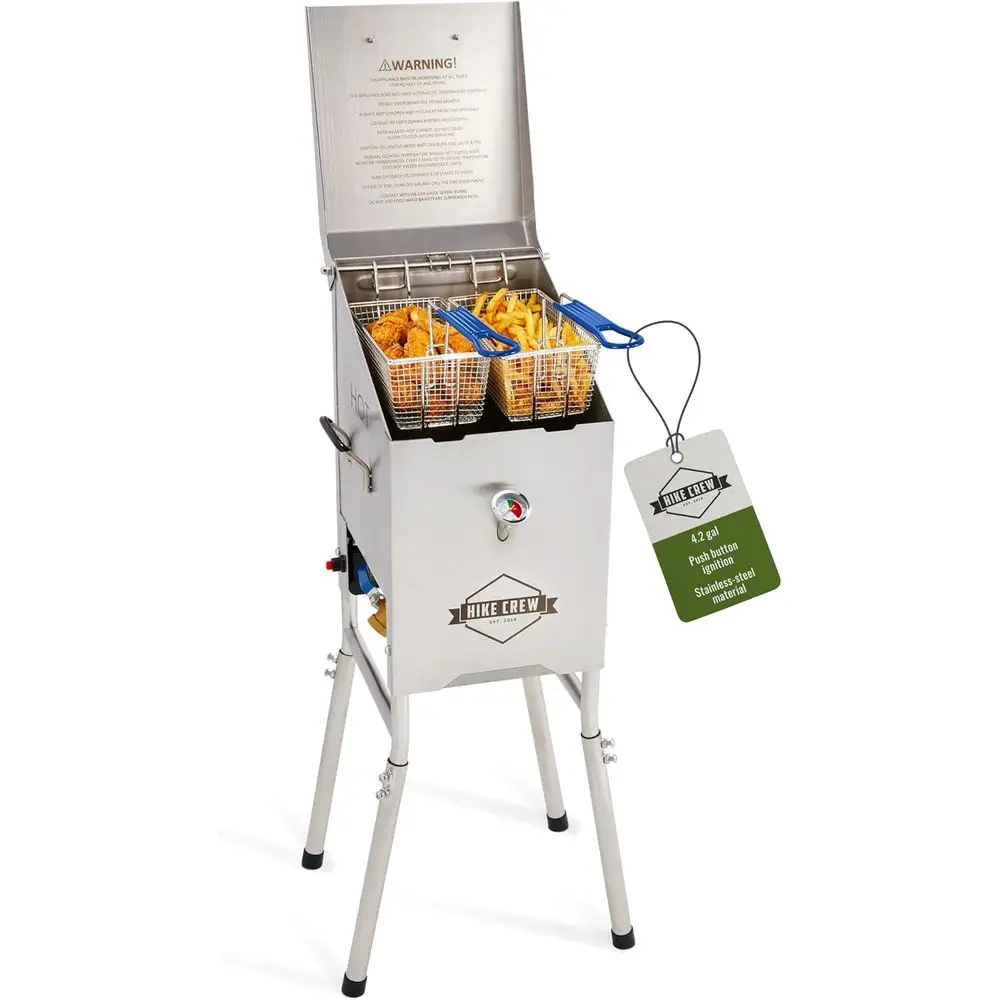 Portable 4-Gallon Propane Deep Fryer with Push Ignition, Dual Mesh Baskets, Thermometer, Regulator & Drain
Portable 4-Gallon Propane Deep Fryer with Push Ignition, Dual Mesh Baskets, Thermometer, Regulator & Drain