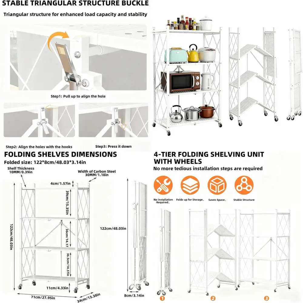 4-Tier Rolling Metal Shelving Unit with Wheels, Collapsible Organizer for Kitchenware, Tools, Books, Plants - White
4-Tier Rolling Metal Shelving Unit with Wheels, Collapsible Organizer for Kitchenware, Tools, Books, Plants - White
