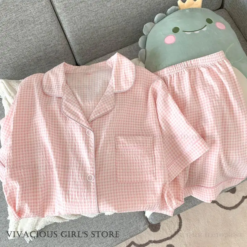 Summer Female Sleepwear Pajamas 2Pcs Set Pink Plaid Short Sleeve Pijamas Suit Loungewear Loose Home Clothes Pyjama Pour Femme
Summer Female Sleepwear Pajamas 2Pcs Set Pink Plaid Short Sleeve Pijamas Suit Loungewear Loose Home Clothes Pyjama Pour Femme