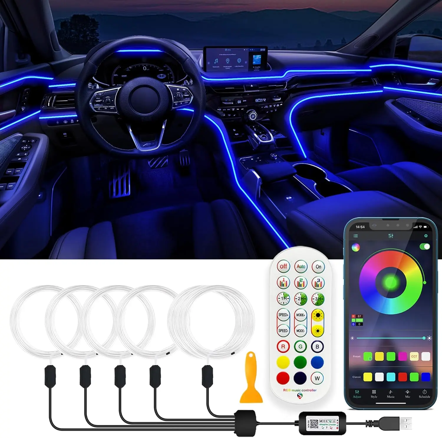 USB Car LED Lights Strip with APP and RF Remote, 5 in 1 Ambient Lighting 276 inch Fiber Optic Music Sync
USB Car LED Lights Strip with APP and RF Remote, 5 in 1 Ambient Lighting 276 inch Fiber Optic Music Sync