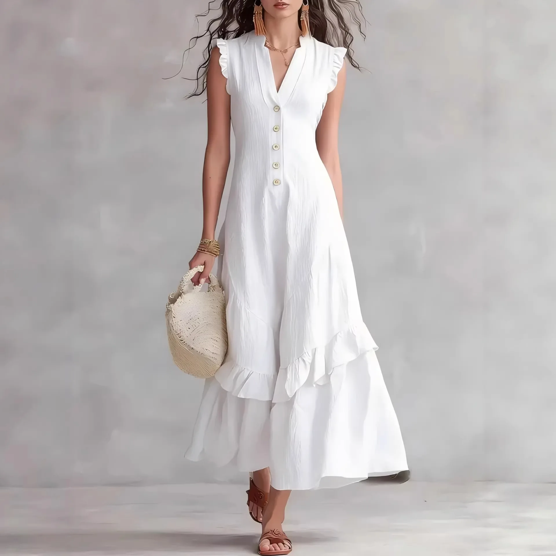 Women's Ruffle Hem Elegant Maxi Dress Solid V Neck Single-breasted Sleeveless A-Line Flowy Summer Beach Casual Vacation Dresses
Women's Ruffle Hem Elegant Maxi Dress Solid V Neck Single-breasted Sleeveless A-Line Flowy Summer Beach Casual Vacation Dresses