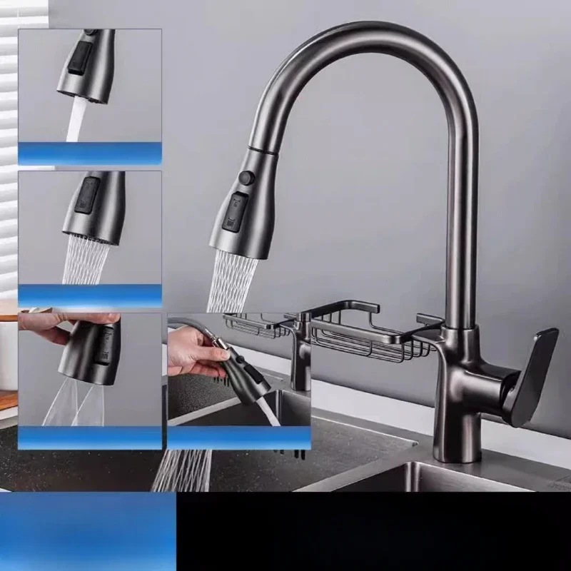 Household copper pull-out kitchen faucet with rotatable hot and cold faucets and hanging baskets
Household copper pull-out kitchen faucet with rotatable hot and cold faucets and hanging baskets