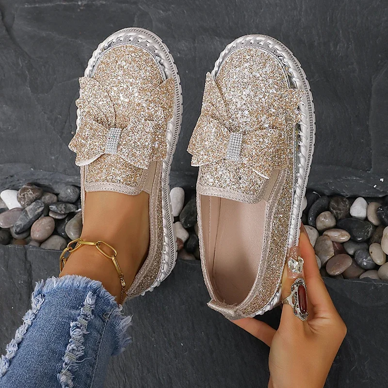 Women's Gold Silver Bowtie Sequin Flats Shiny Crystal Thick Sole Platform Loafers Ladies Light Comfort Non Slip Casual Shoes
Women's Gold Silver Bowtie Sequin Flats Shiny Crystal Thick Sole Platform Loafers Ladies Light Comfort Non Slip Casual Shoes