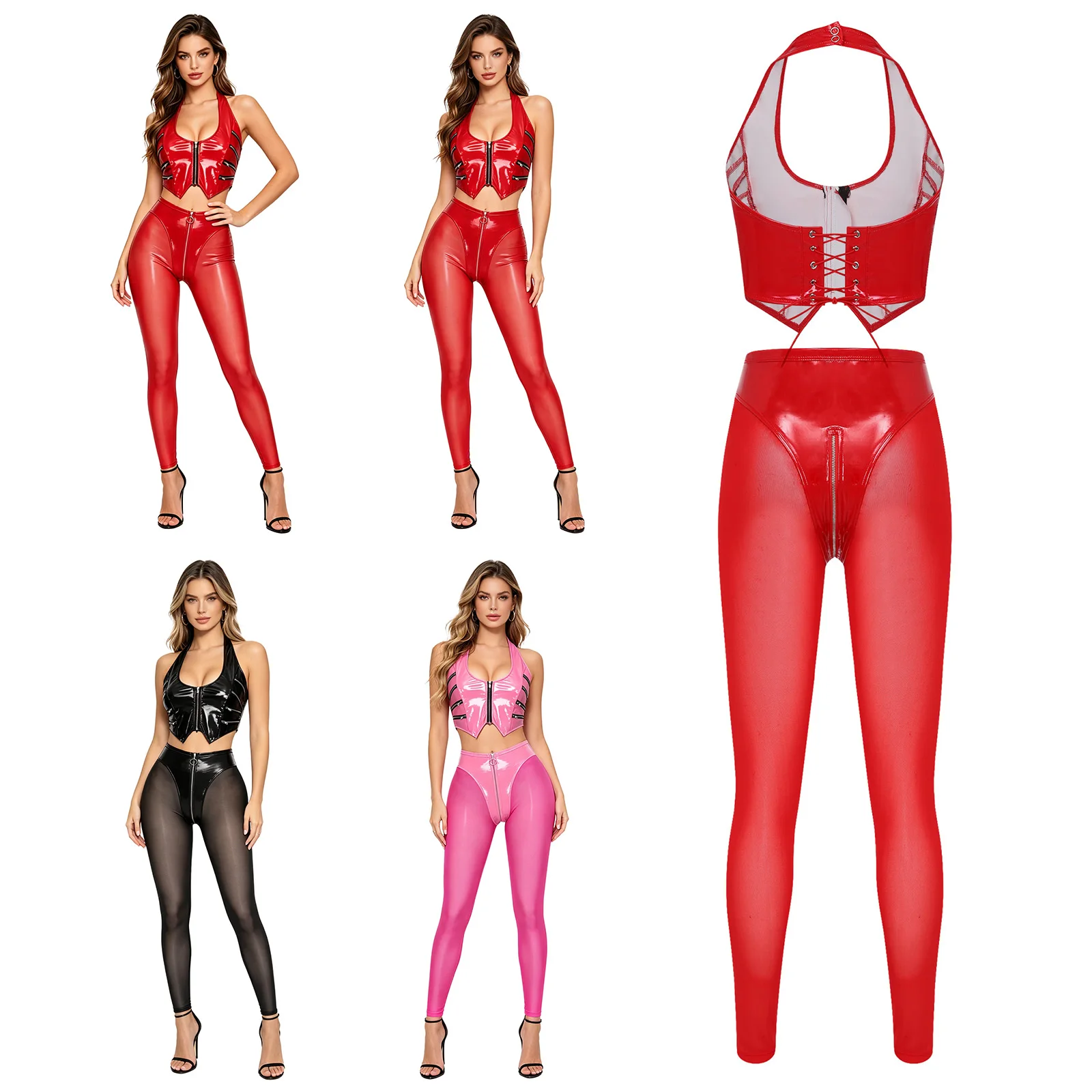 Women Glossy PU Leather Outfit Multi-zip Details Halter Crop Top and Sheer Mesh Legs High Waist Leggings Y2k Clubwear
Women Glossy PU Leather Outfit Multi-zip Details Halter Crop Top and Sheer Mesh Legs High Waist Leggings Y2k Clubwear
