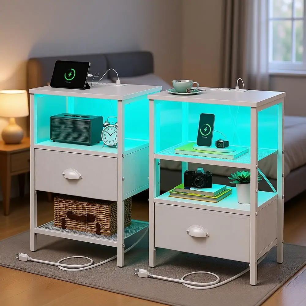 2-Piece LED Nightstand Set with Charging Station, Fabric Drawer, Storage, White
2-Piece LED Nightstand Set with Charging Station, Fabric Drawer, Storage, White