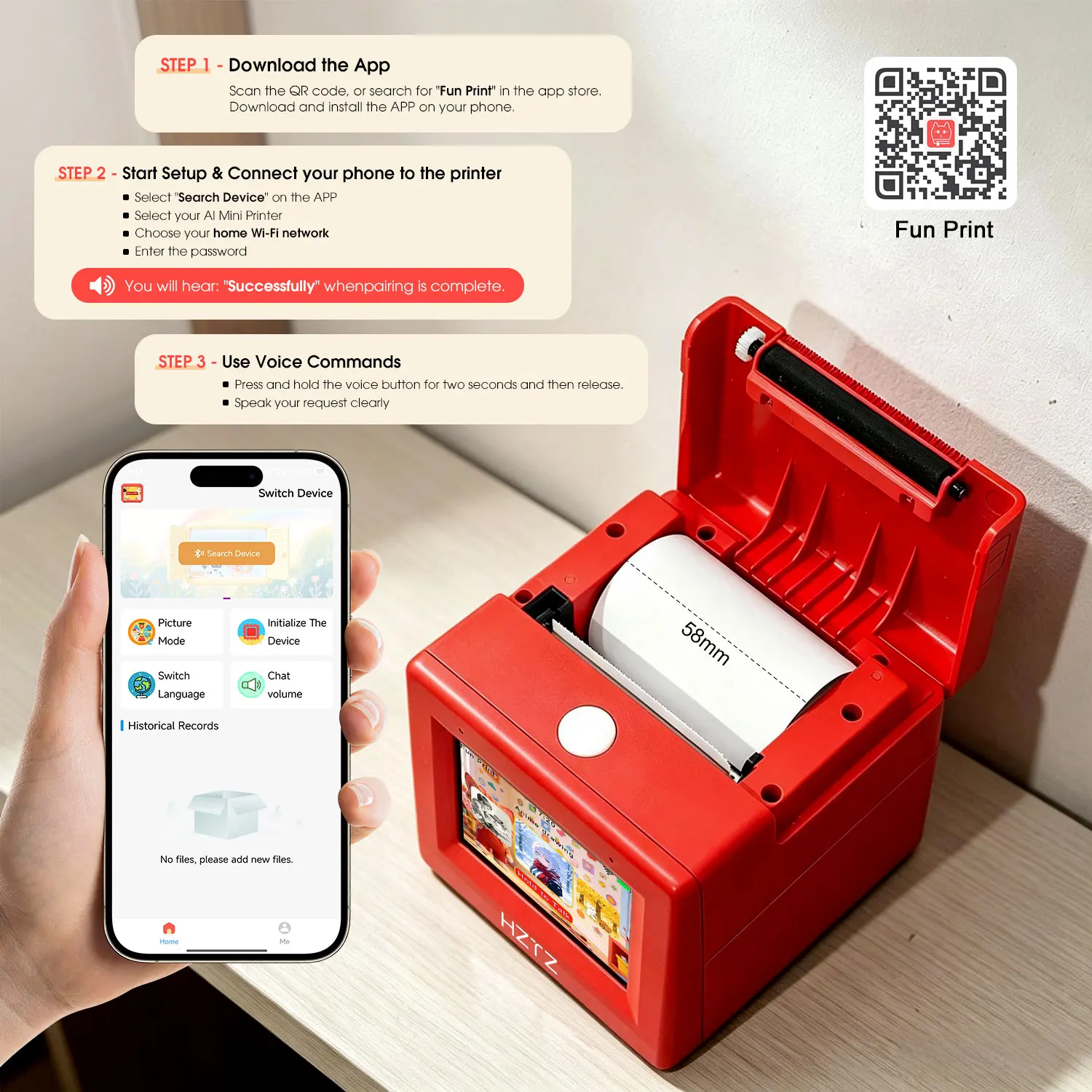 Smart Portable Printer, AI Voice Command, Touch Screen, Inkless Thermal, for Travel & Home