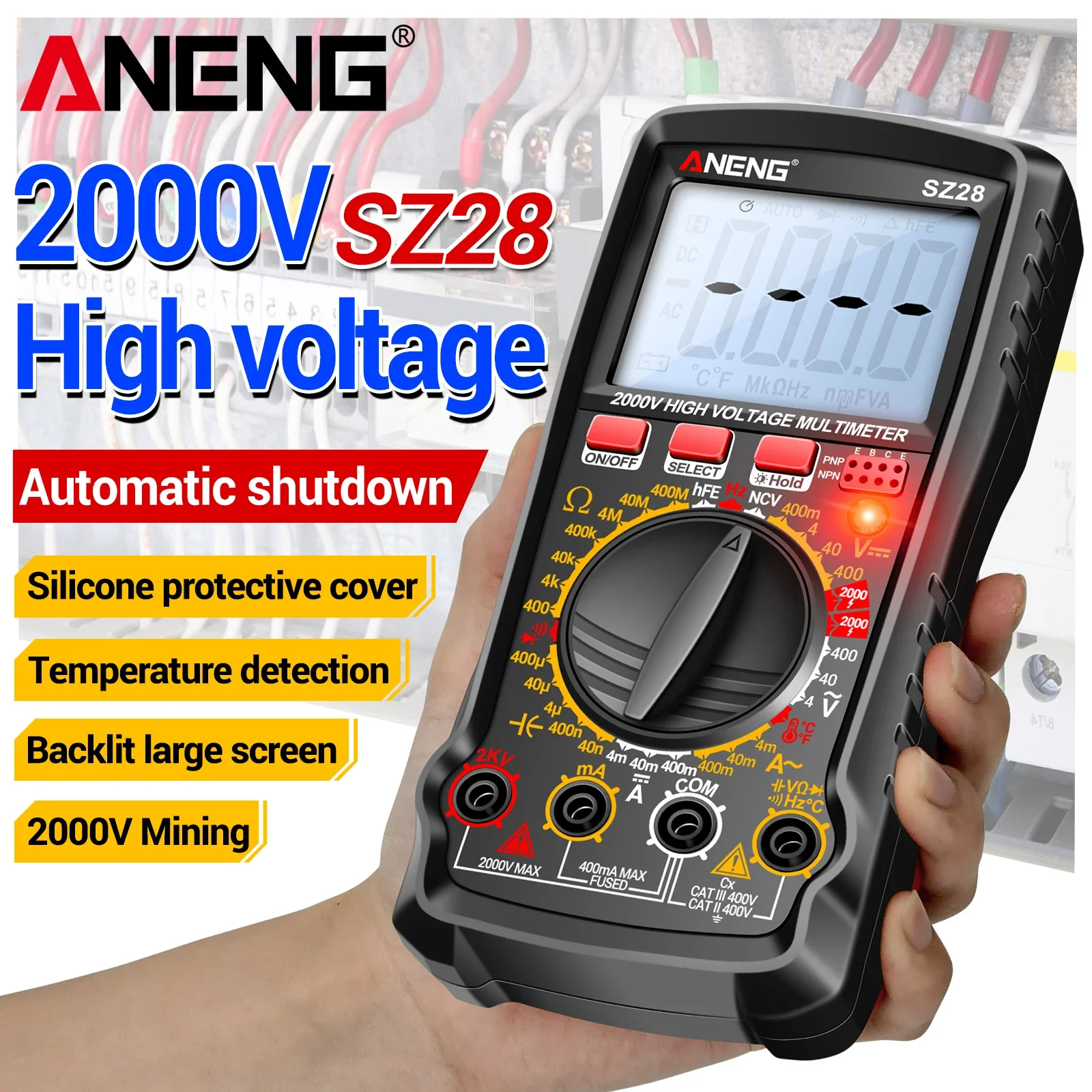 ANENG SZ28 highprecision digital multimeter 4000 count 2000V high voltage AC/DC measurement 400mA current NCV verification meter
ANENG SZ28 highprecision digital multimeter 4000 count 2000V high voltage AC/DC measurement 400mA current NCV verification meter