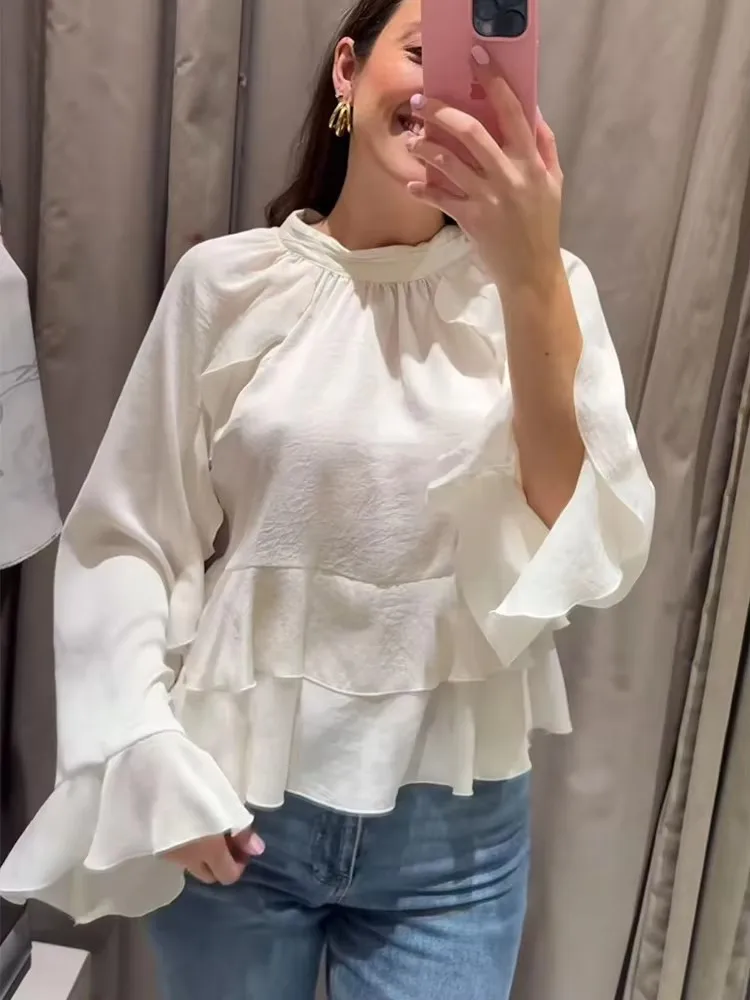 Ruffled Blouse For Women Elegant White Stand Collar Long Sleeve Shirt 2025 New Summer Office Lady Fashion Casual Solid Shirts
Ruffled Blouse For Women Elegant White Stand Collar Long Sleeve Shirt 2025 New Summer Office Lady Fashion Casual Solid Shirts