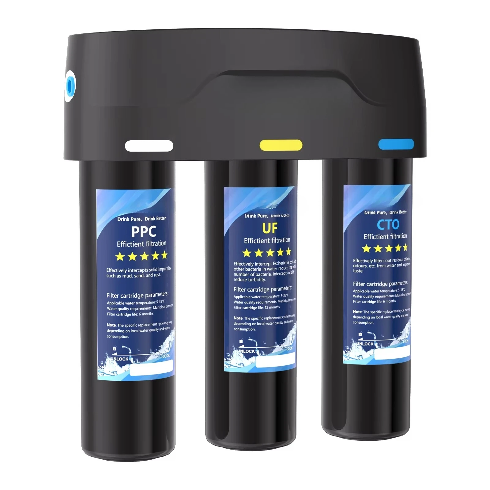 Home Universal Under-Sink Three-Stage Activated Carbon Ultra Filtration Manual Water Purifier 2.1L/min Flow Rate Quick-Connect
Home Universal Under-Sink Three-Stage Activated Carbon Ultra Filtration Manual Water Purifier 2.1L/min Flow Rate Quick-Connect