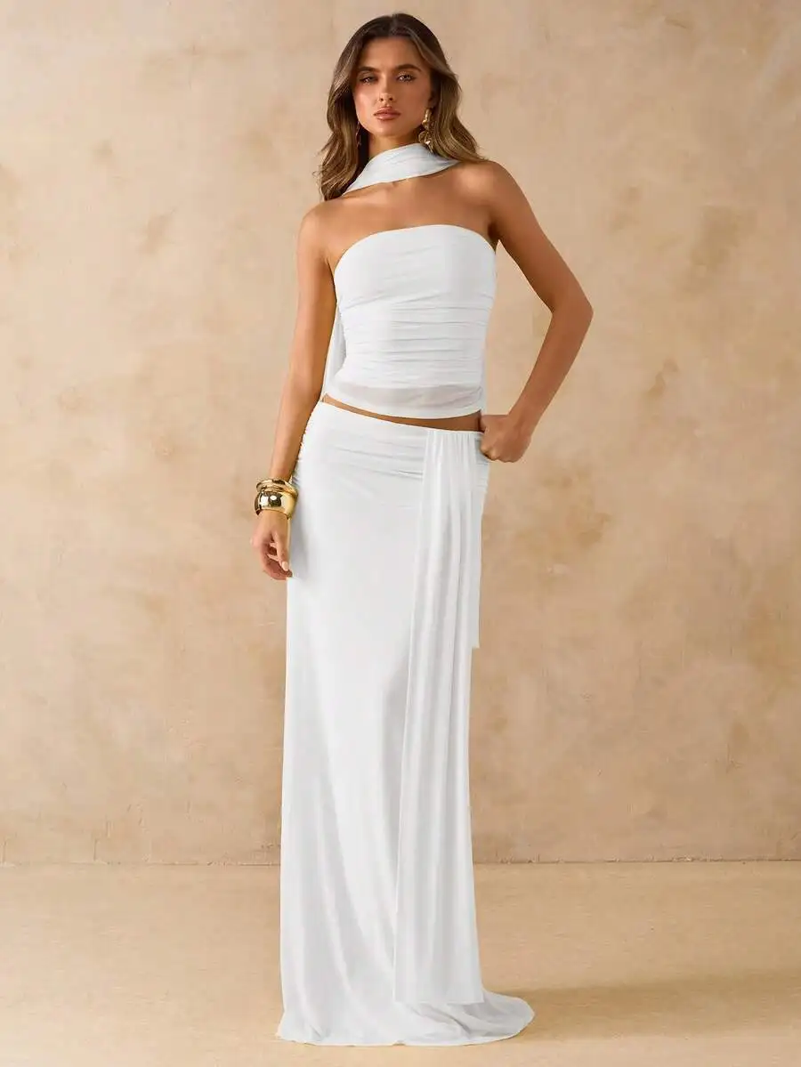 White Halter Ruched Crop Top and Flowy Maxi Skirt 2-Piece Set
White Halter Ruched Crop Top and Flowy Maxi Skirt 2-Piece Set