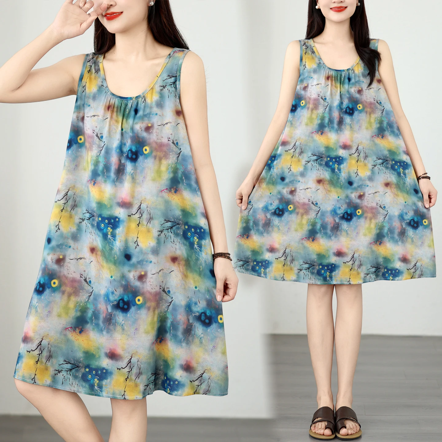 Summer Loose Sleeveless round Neck Print A-Line Dress Women's plus Size Clothing Artistic Style Cotton Citywalk Dress
Summer Loose Sleeveless round Neck Print A-Line Dress Women's plus Size Clothing Artistic Style Cotton Citywalk Dress