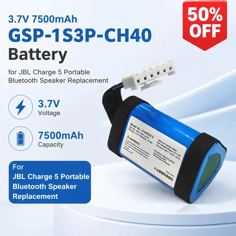 3.7V 7500mAh GSP-1S3P-CH40 Battery for JBL Charge 5 Portable Bluetooth Speaker Replacement
3.7V 7500mAh GSP-1S3P-CH40 Battery for JBL Charge 5 Portable Bluetooth Speaker Replacement