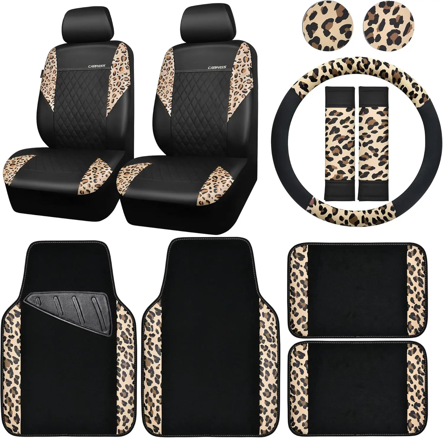 Leopard Print Faux Leather Car Seat Covers Set with Floor Mats Steering Wheel Cover, Universal Fit for SUV Truck Sedan
Leopard Print Faux Leather Car Seat Covers Set with Floor Mats Steering Wheel Cover, Universal Fit for SUV Truck Sedan