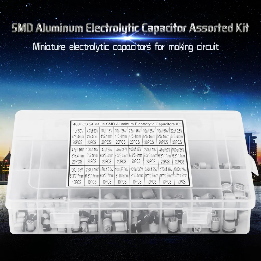 Radial Capacitor 24 Values SMD Aluminum Electrolytic Capacitor Assorted Kit 1uF - 1000uF SMD Electrolytic Capacitor
Radial Capacitor 24 Values SMD Aluminum Electrolytic Capacitor Assorted Kit 1uF - 1000uF SMD Electrolytic Capacitor