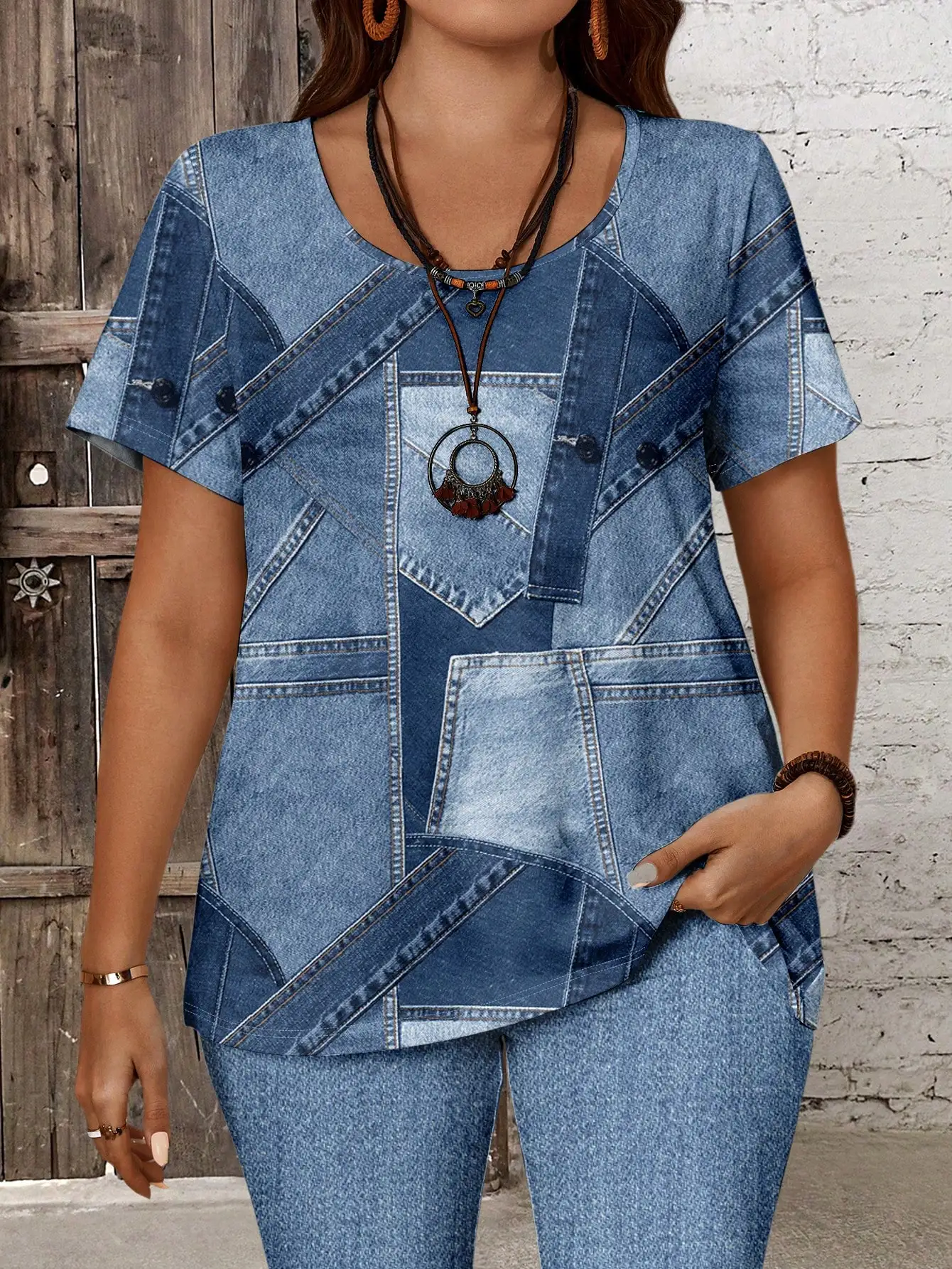 Women Casual Patchwork Denim Effect T-Shirt And 3/4 Leggings 2pcs Set
Women Casual Patchwork Denim Effect T-Shirt And 3/4 Leggings 2pcs Set