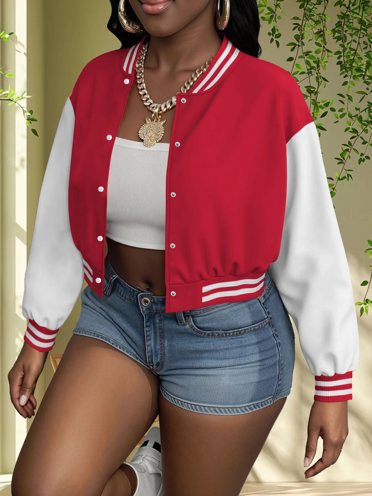 Edgy Cropped Baseball Bomber Jacket, Contrast Trim Varsity Coat for Night Out & City Errands
Edgy Cropped Baseball Bomber Jacket, Contrast Trim Varsity Coat for Night Out & City Errands